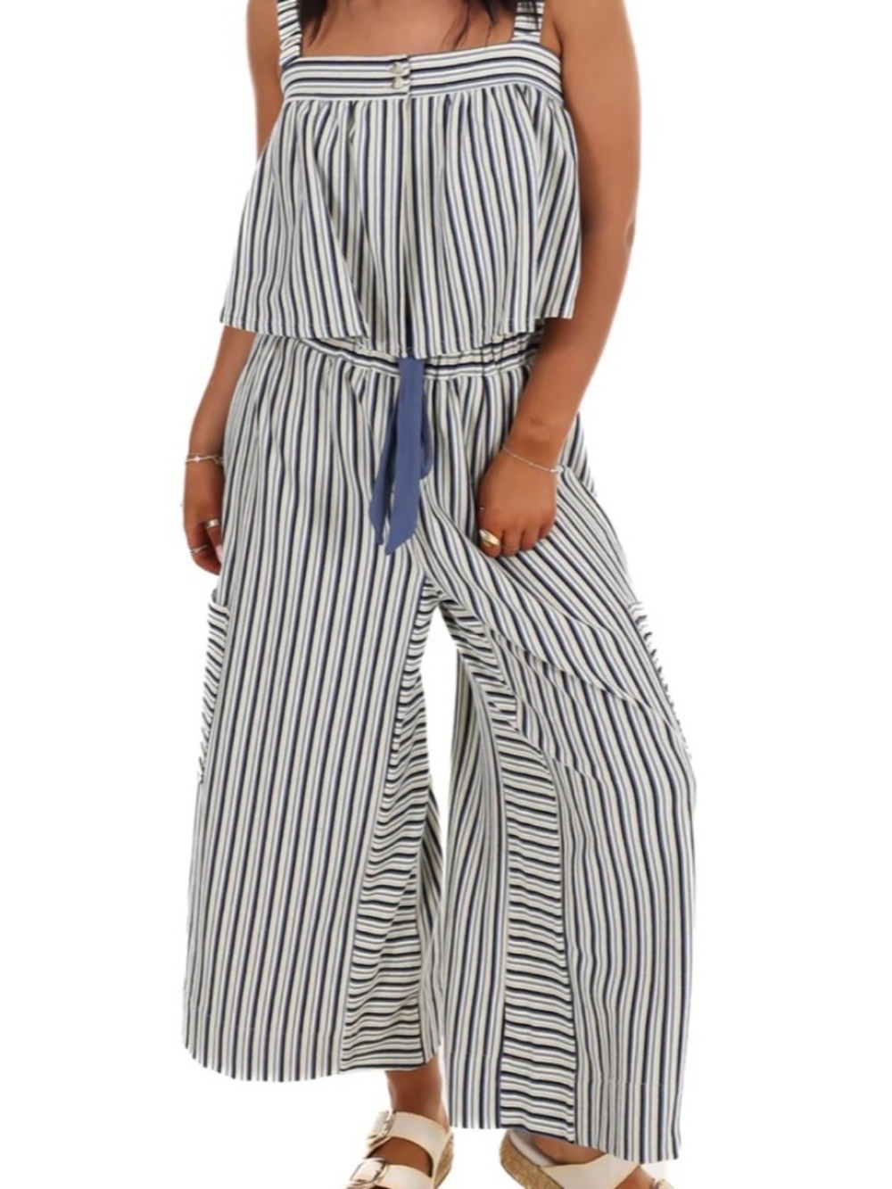 Striped 2-Piece Set, Wide Leg Capri Pants and Crop Top, Size S